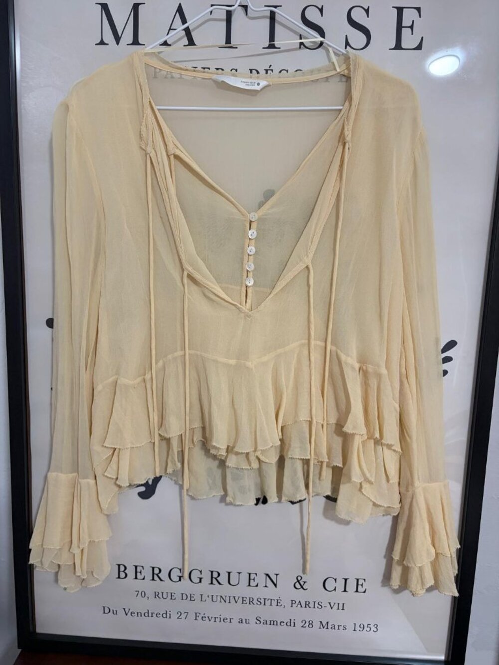 Zara Light Beige Ruffle Tie-Neck Blouse - Picture 2 of 8